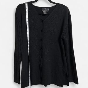Carole Little Women's Black Cardigan With Knit Sleeves and Embroidered Details